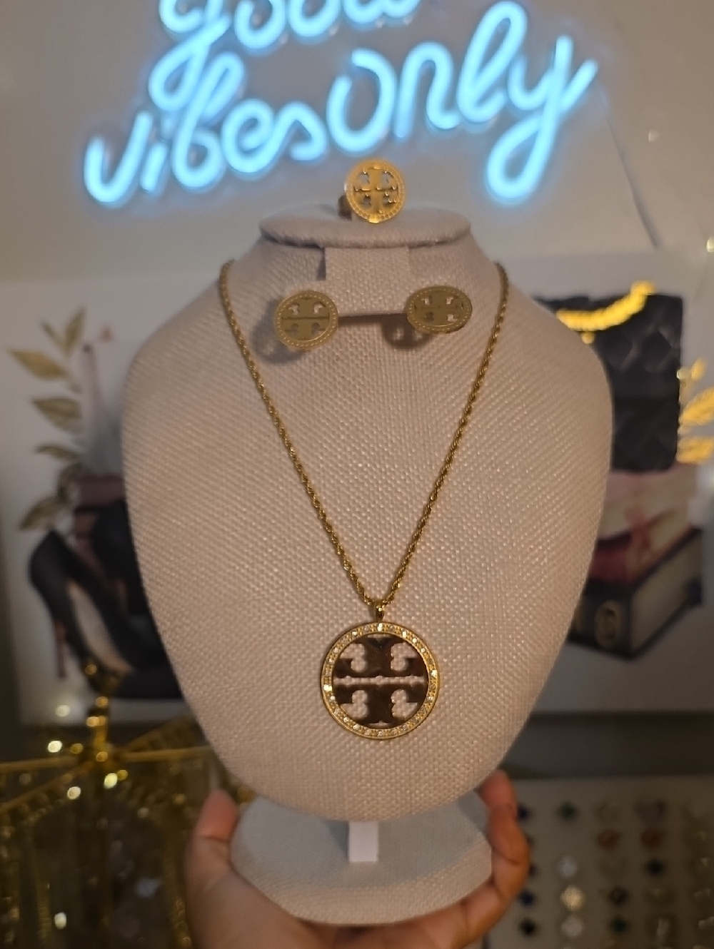 TB Stainless Steel Gold Logo Medallion Necklace and Studs Set